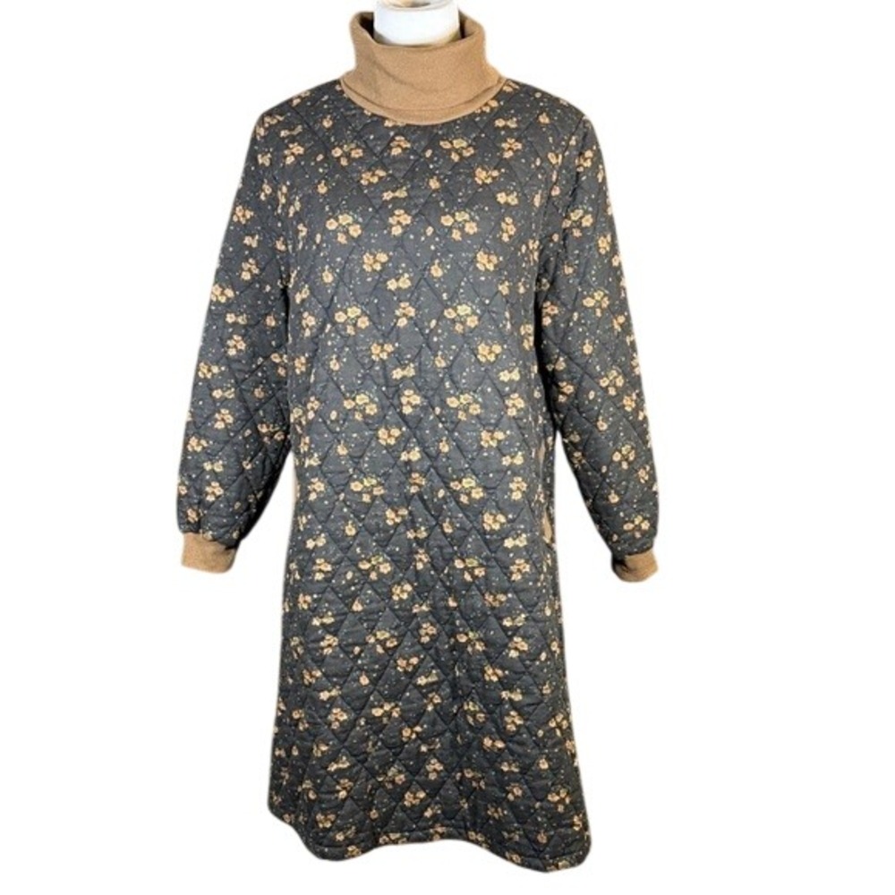 WHY‎ Floral Quilted Linen Turtleneck Dress Long Sleeve Pockets Dark Gray Tan